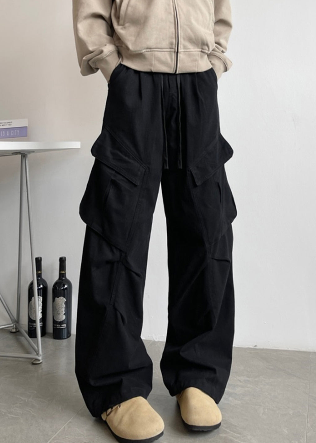 Simple Up Pants White Pockets Elastic Men Lace Cotton Waist