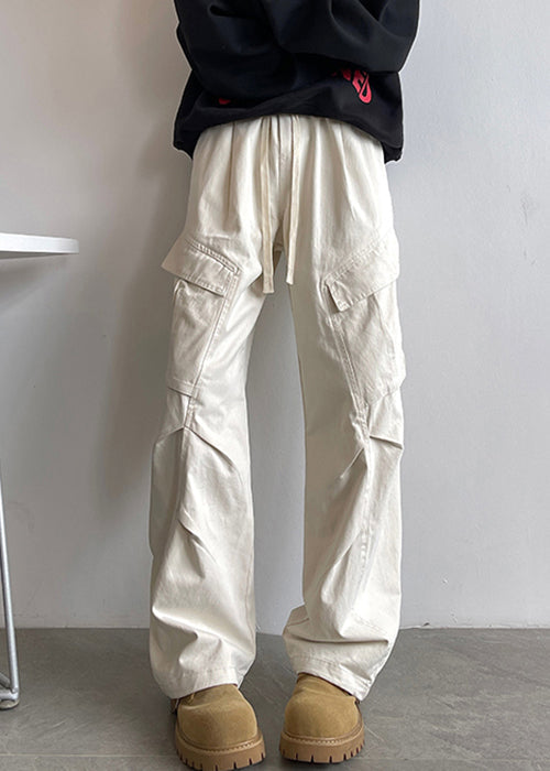 Simple Up Pants White Pockets Elastic Men Lace Cotton Waist