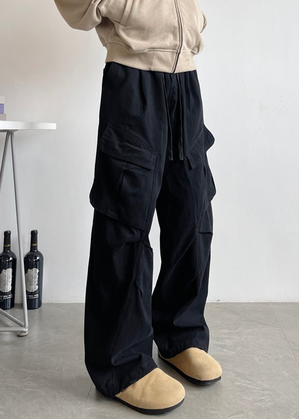 Simple Up Pants White Pockets Elastic Men Lace Cotton Waist