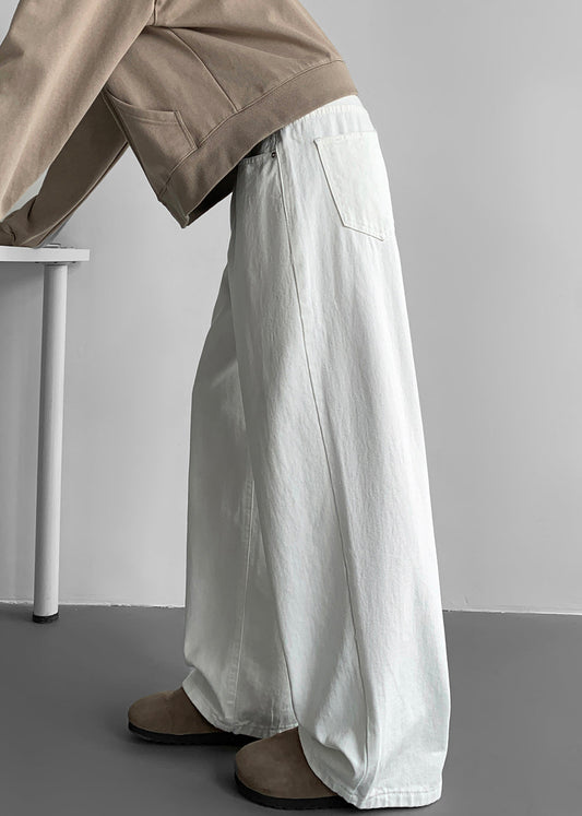 White Fall Mens Denim Pants Pockets Leg Wide Solid Simple