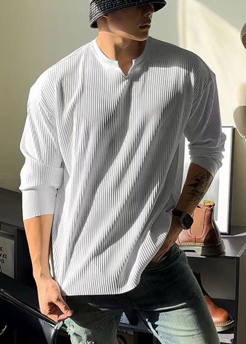 Simple White V T Spring Men Solid Cotton Neck Shirt
