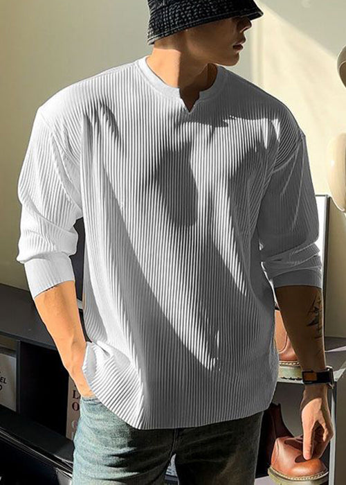Simple White V T Spring Men Solid Cotton Neck Shirt