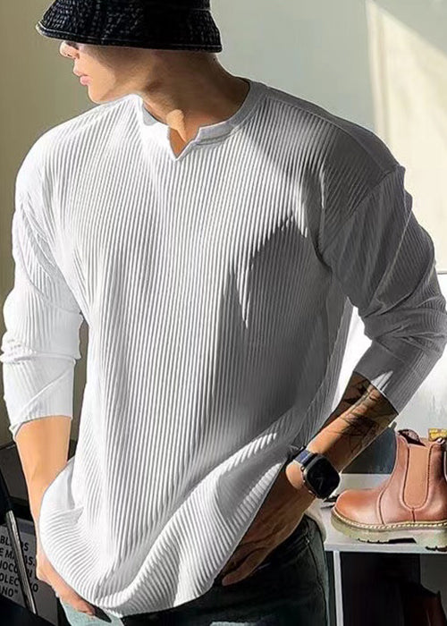 Simple White V T Spring Men Solid Cotton Neck Shirt