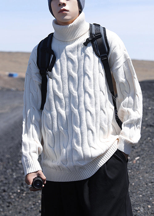 Simple White Turtleneck Solid Knit Sweater Men Winter RJ047