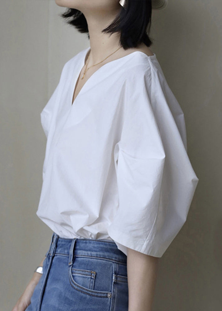 Half Neck Cotton V Solid Simple Sleeve White Shirt