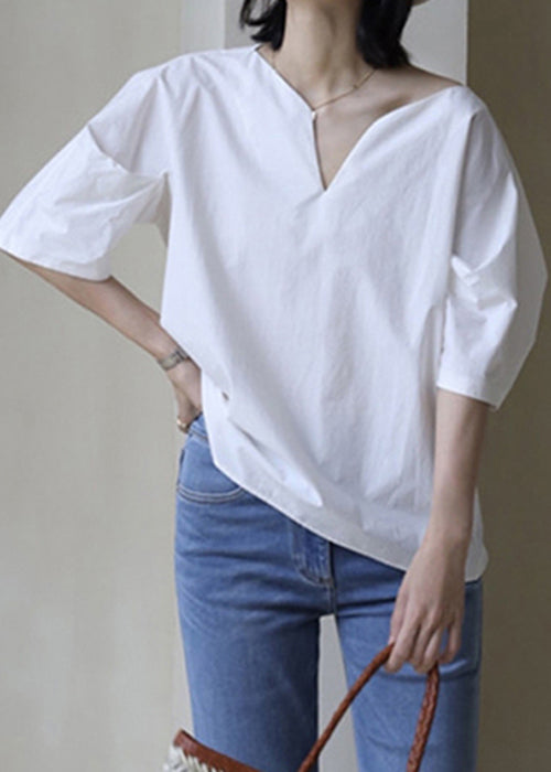 Half Neck Cotton V Solid Simple Sleeve White Shirt