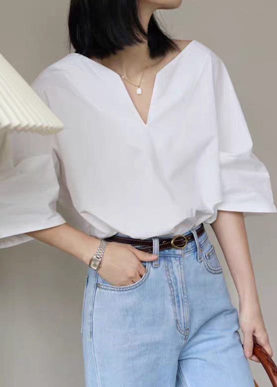 Half Neck Cotton V Solid Simple Sleeve White Shirt