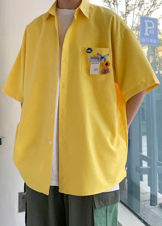Simple Half Men Button Yellow Pockets Cotton Shirts Sleeve