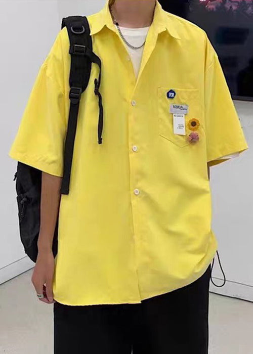 Simple Half Men Button Yellow Pockets Cotton Shirts Sleeve