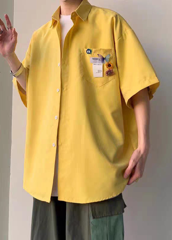 Simple Half Men Button Yellow Pockets Cotton Shirts Sleeve