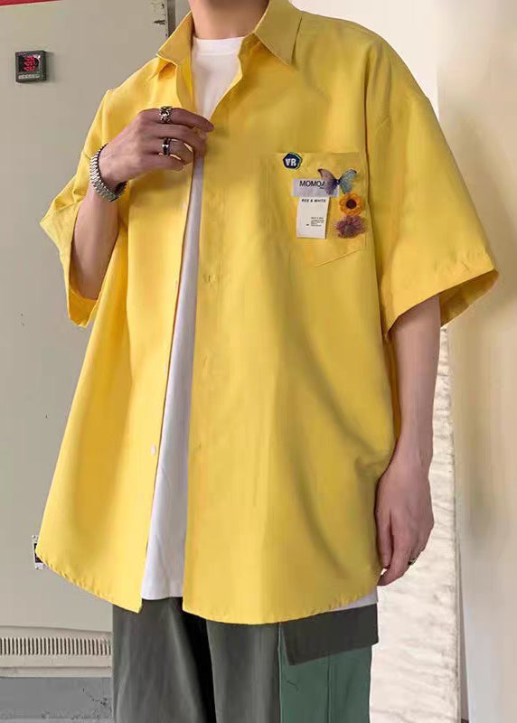 Simple Half Men Button Yellow Pockets Cotton Shirts Sleeve