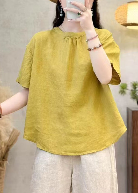 Summer Shirt Cotton Simple O Neck Solid Yellow