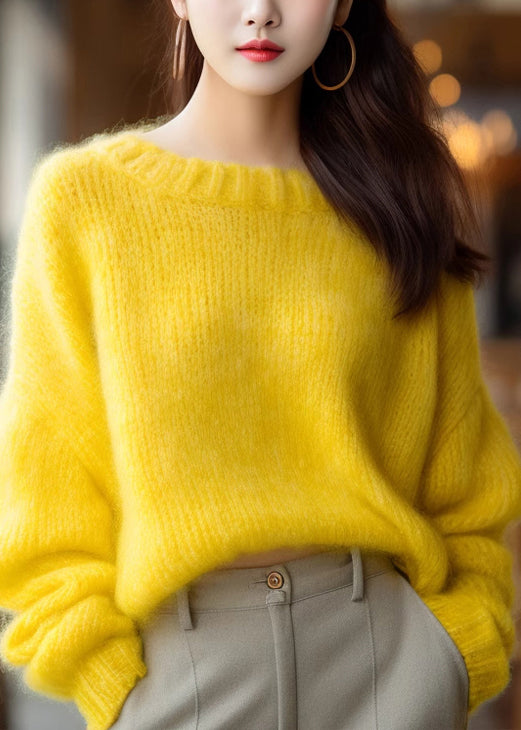 Simple Yellow O Neck Solid Knit Sweater Winter WX027