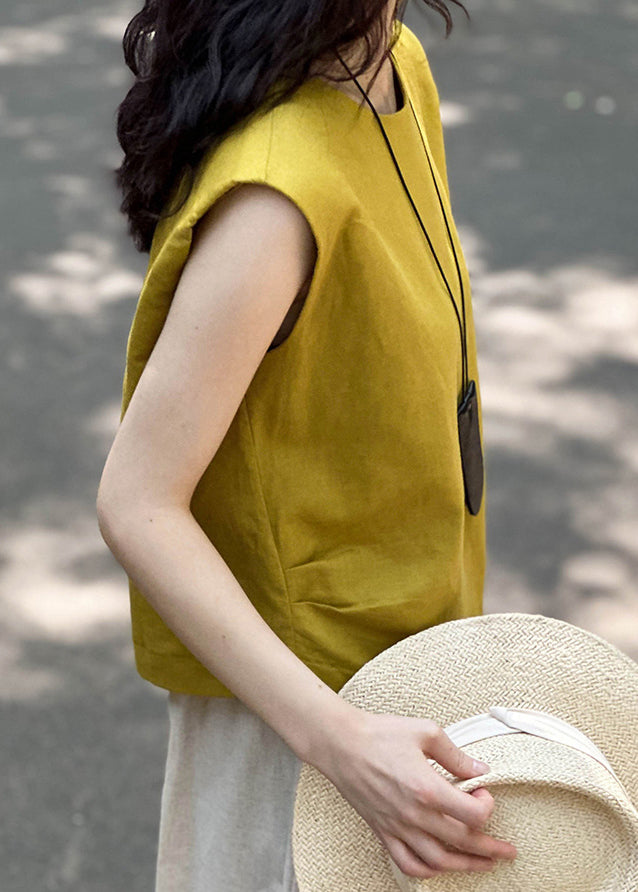 Simple Yellow O Neck Solid Linen Top Sleeveless