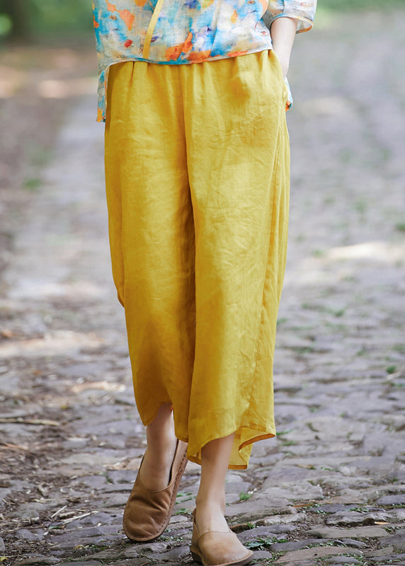 Elastic Crop Simple Summer Yellow Linen Pockets Waist Pantss
