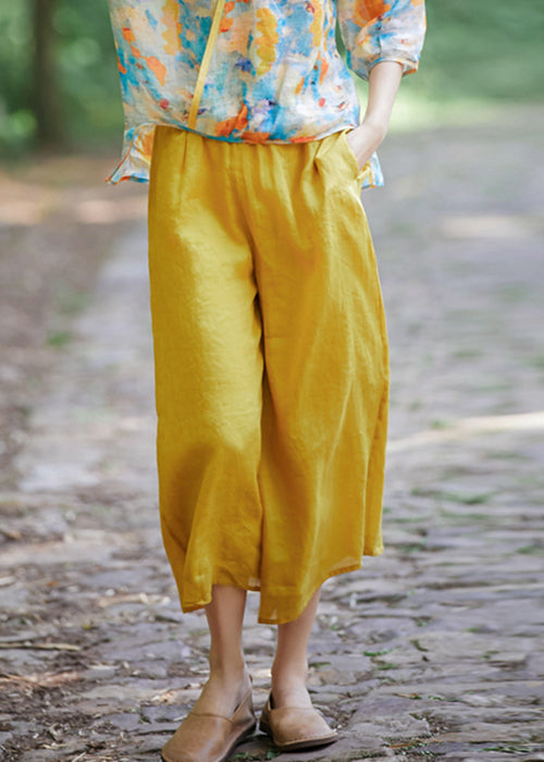 Elastic Crop Simple Summer Yellow Linen Pockets Waist Pantss