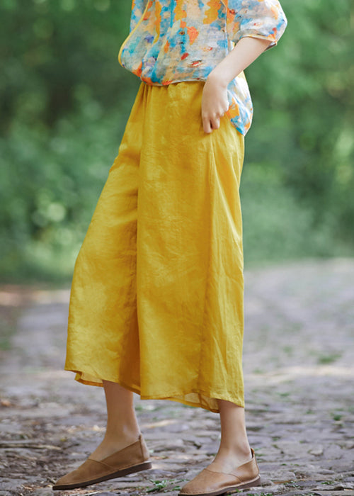 Elastic Crop Simple Summer Yellow Linen Pockets Waist Pantss