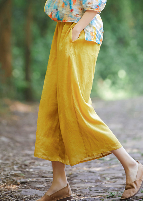 Elastic Crop Simple Summer Yellow Linen Pockets Waist Pantss