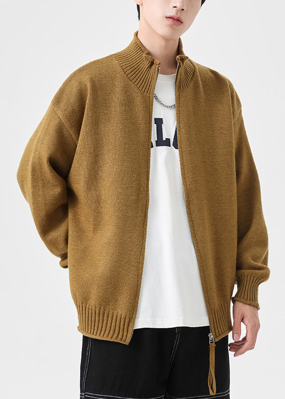 Zip Cardigans Simple Knit Solid Yellow Mens Up Spring