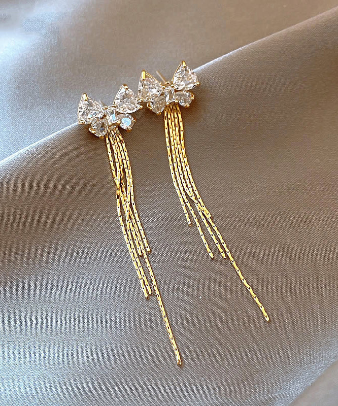 Skinny Gold Alloy Zircon Bow Tassel Drop Earrings WH041