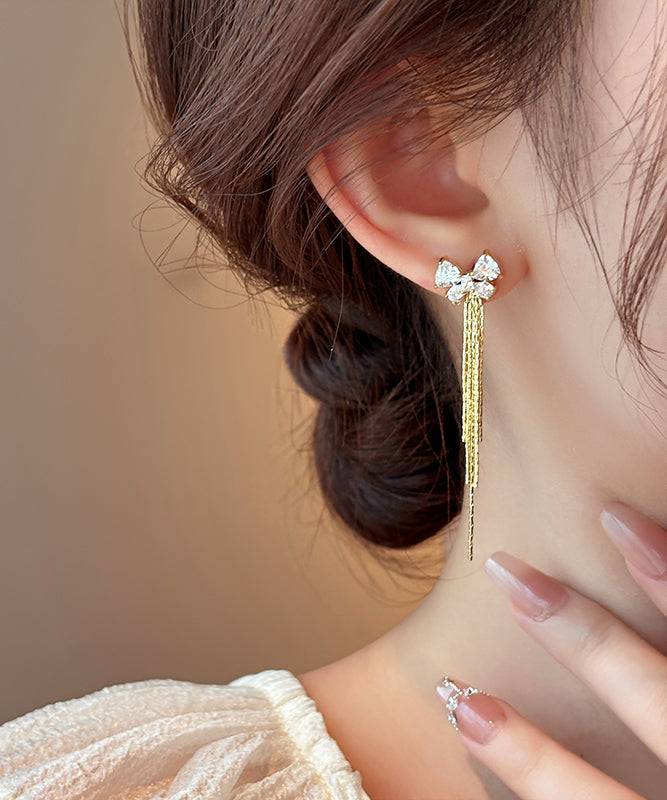 Skinny Gold Alloy Zircon Bow Tassel Drop Earrings WH041