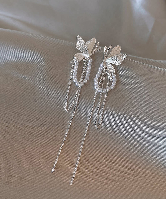 Copper Butterfly Alloy Skinny Silk Drop Pearl Earrings Tassel