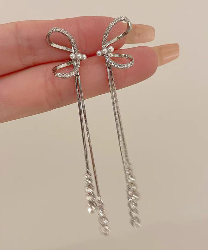 Drop Skinny Earrings Tassel Silk Overgild Copper Bow Zircon