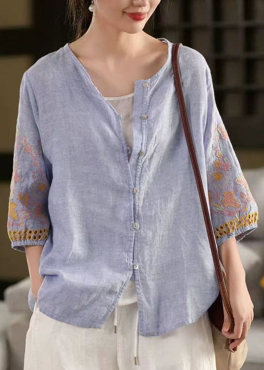 Sleeve Bracelet Tops Sky Blue Linen Embroidered Oversized