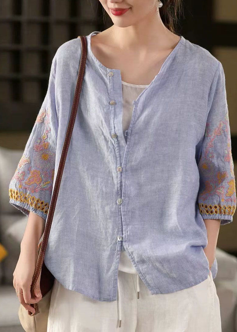 Sleeve Bracelet Tops Sky Blue Linen Embroidered Oversized