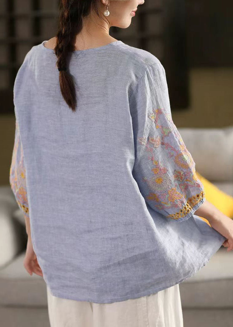 Sleeve Bracelet Tops Sky Blue Linen Embroidered Oversized