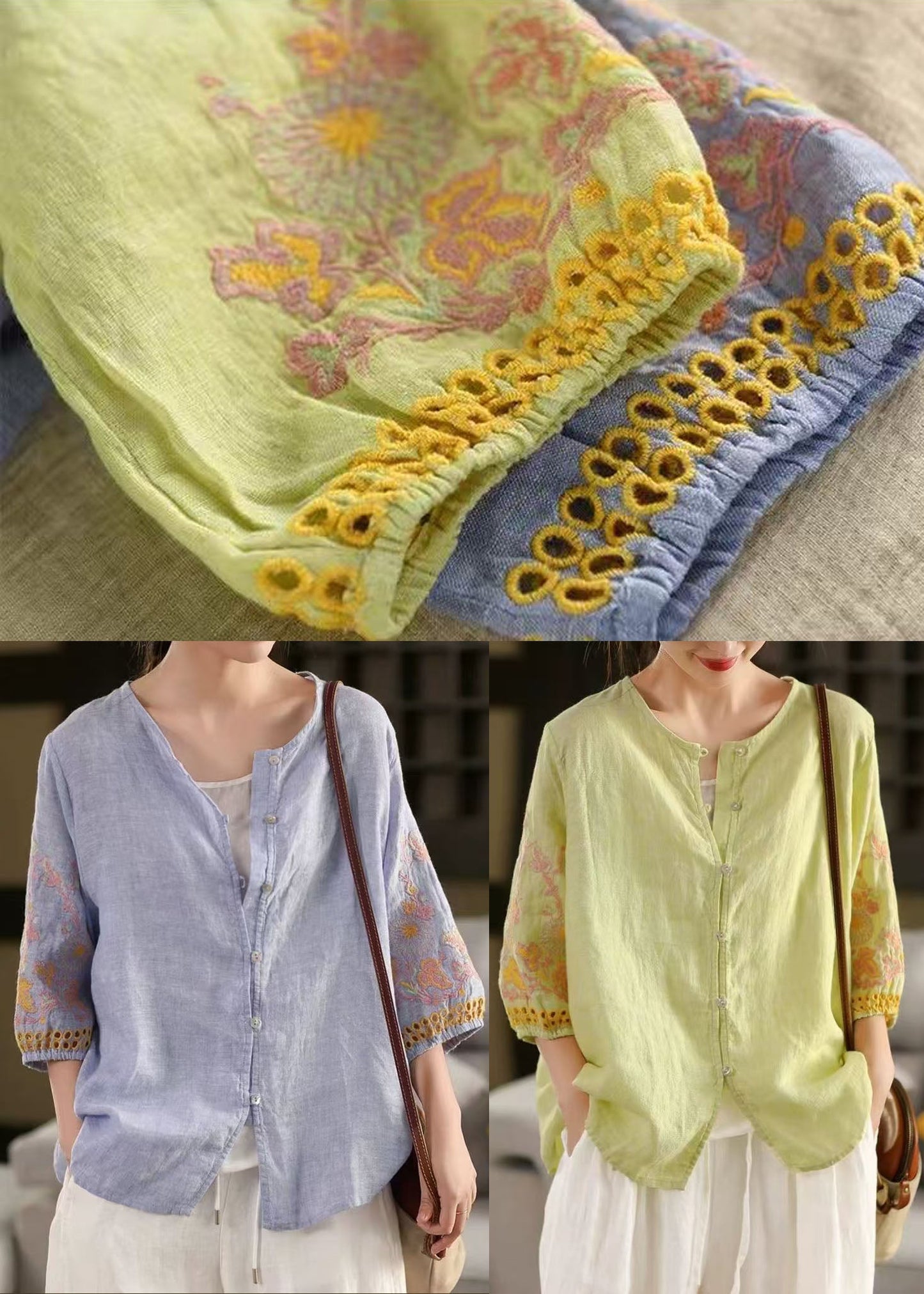 Sleeve Bracelet Tops Sky Blue Linen Embroidered Oversized