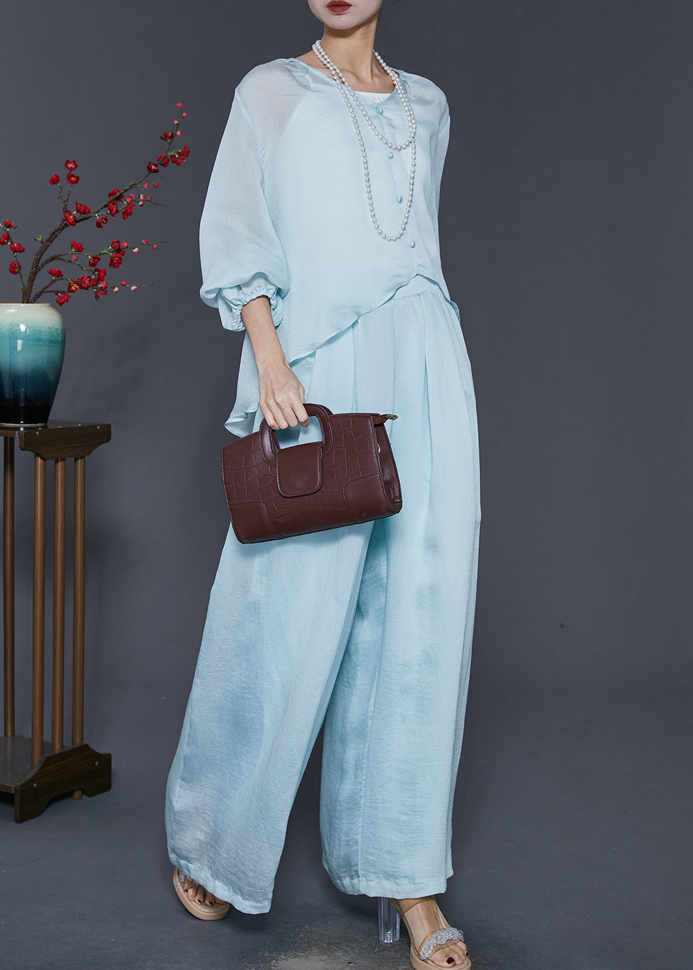 Sky Blue Silk Two Pieces Set Oversized Low High Design Spring SD1014