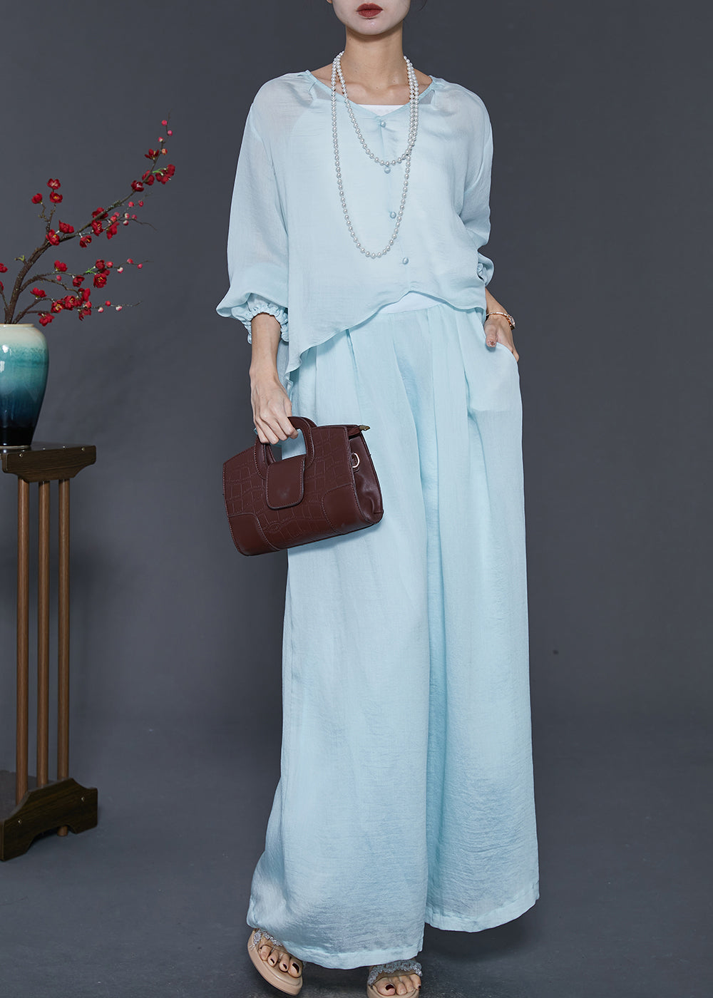 Sky Blue Silk Two Pieces Set Oversized Low High Design Spring SD1014