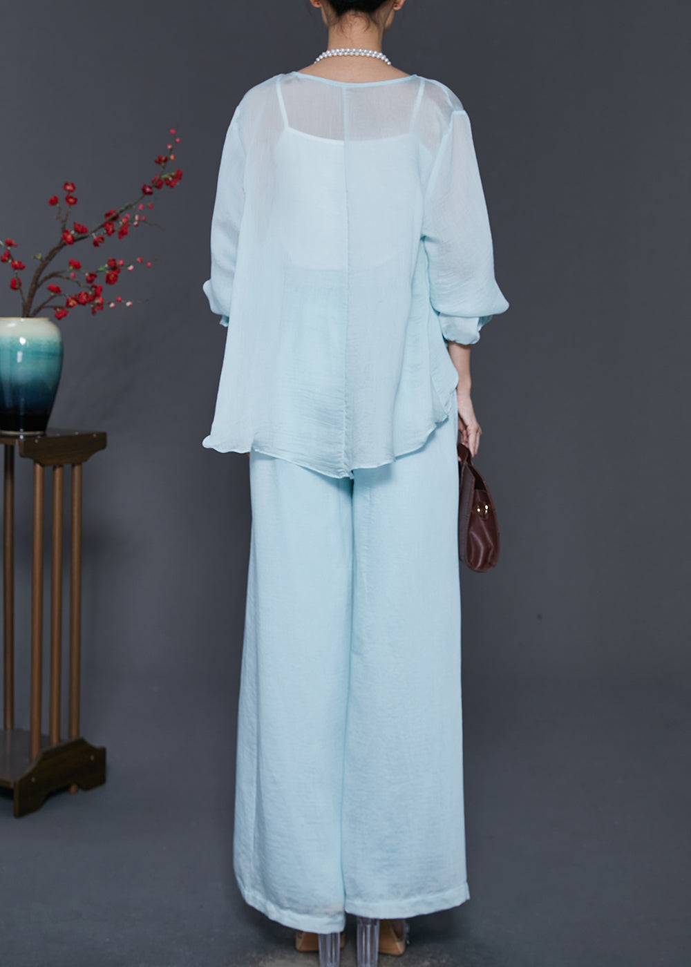 Sky Blue Silk Two Pieces Set Oversized Low High Design Spring SD1014