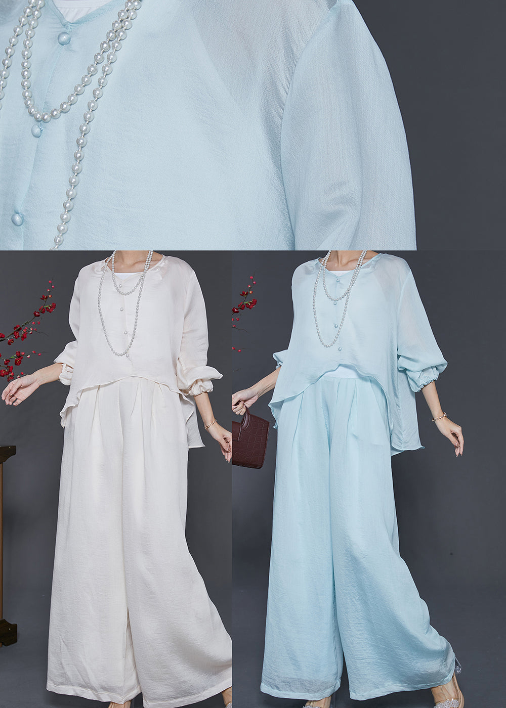 Sky Blue Silk Two Pieces Set Oversized Low High Design Spring SD1014