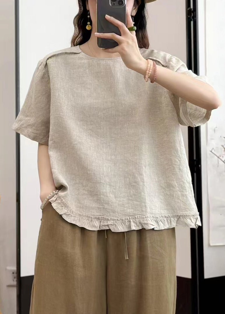 Both On Summer Sides Blouse Linen Wear Ruffled Sky Blue Solid