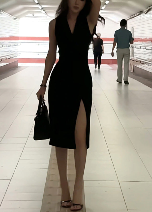 Sleeveless Dresses Fi Side Neck V Black Slim Spaghetti Open Maxi Strap