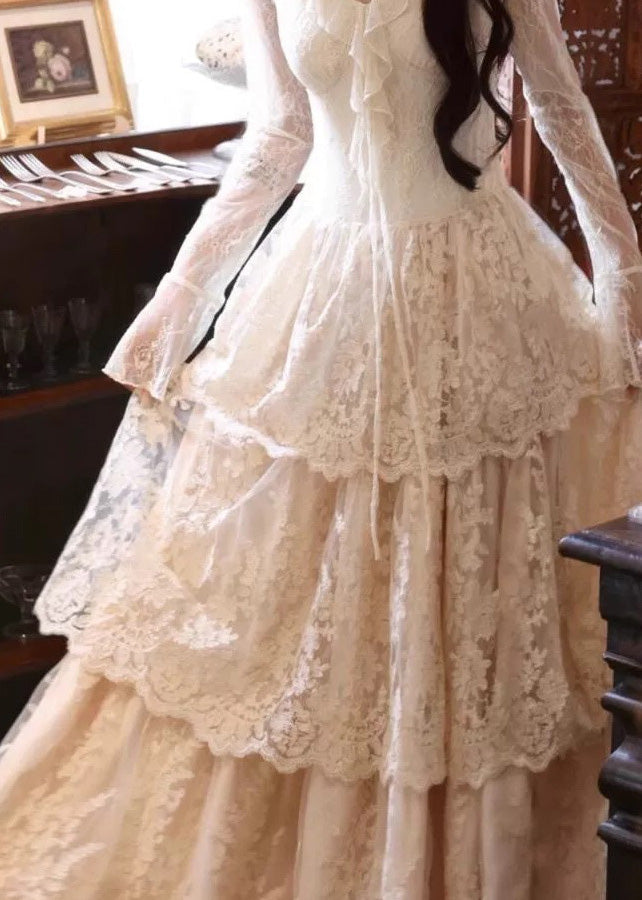 Slim Neck Flare Ruffled Beige Patchwork Maxi Dress Fit Lace V