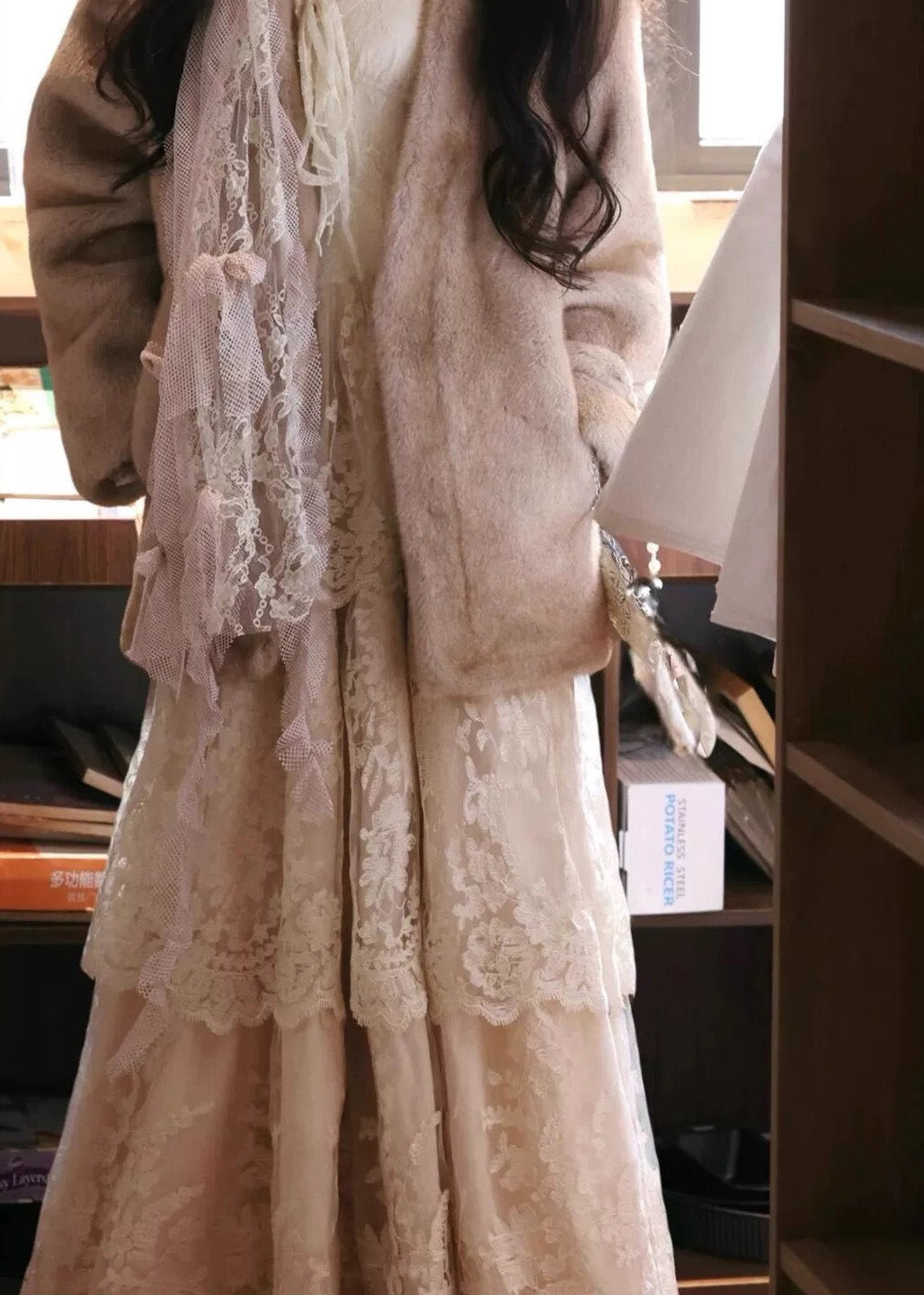 Slim Neck Flare Ruffled Beige Patchwork Maxi Dress Fit Lace V