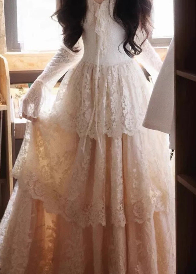 Slim Neck Flare Ruffled Beige Patchwork Maxi Dress Fit Lace V