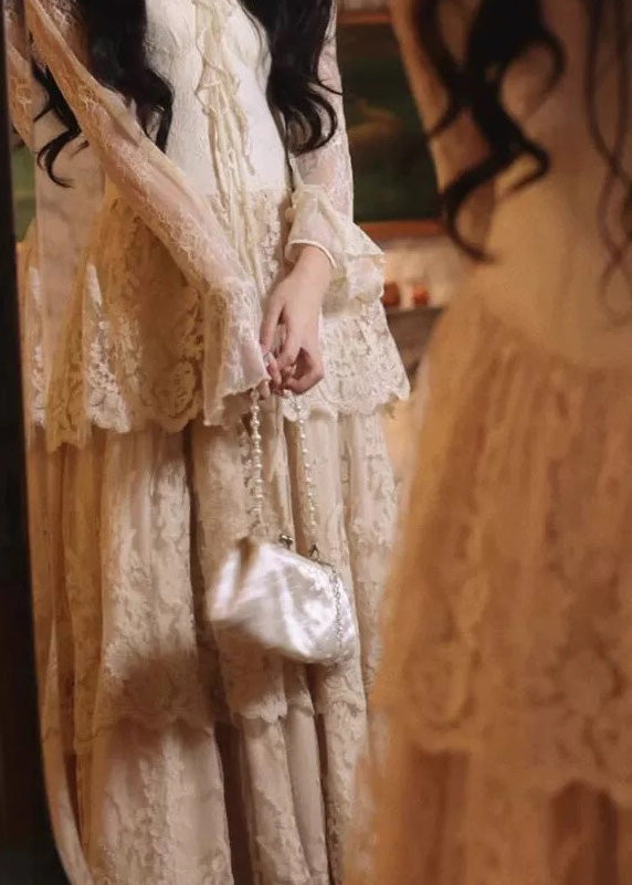 Slim Neck Flare Ruffled Beige Patchwork Maxi Dress Fit Lace V