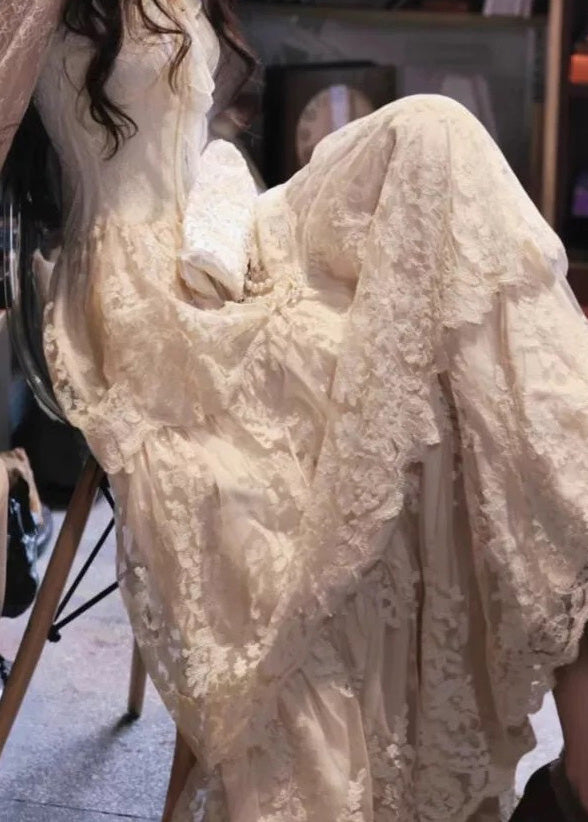 Slim Neck Flare Ruffled Beige Patchwork Maxi Dress Fit Lace V