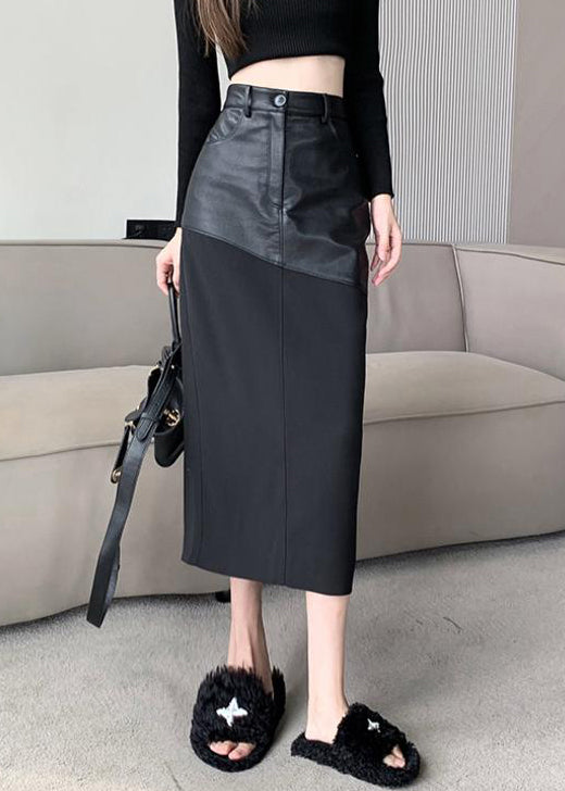 Black Slim Back Open Fit Patchwork Skirts Leather Faux Side