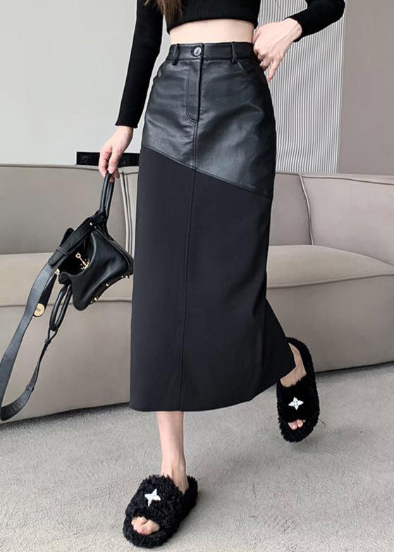 Black Slim Back Open Fit Patchwork Skirts Leather Faux Side