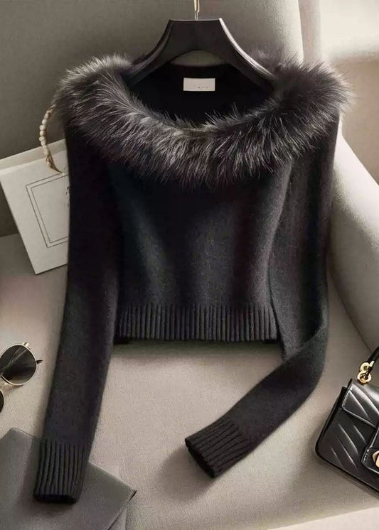 Slim Fit Black Fur Collar Cotton Knit Sweater Winter RK007