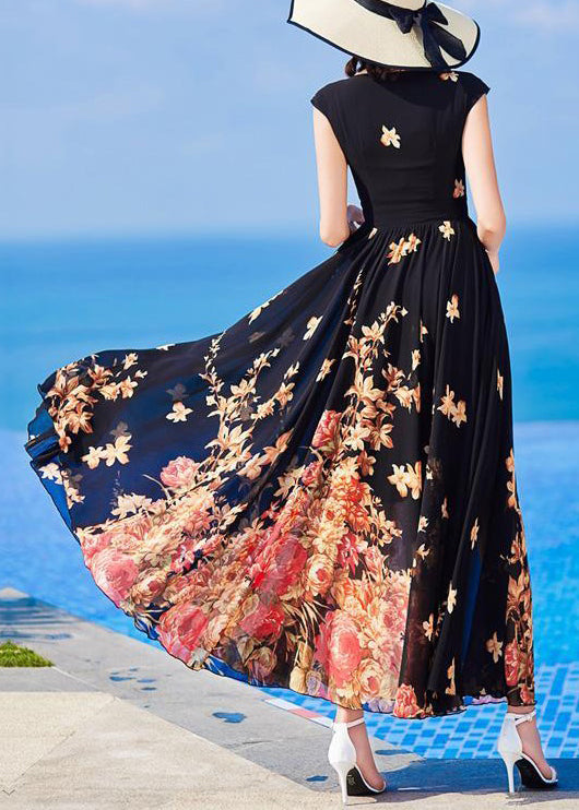 Slim Fit Black O-Neck Print Chiffon Long Dresses Summer Ada Fashion