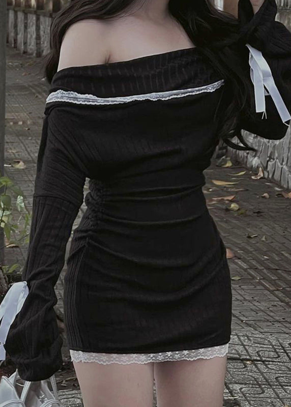 Slim Fit Black Slash Neck Bow Lace Knitting Cotton Dress Spring YT016