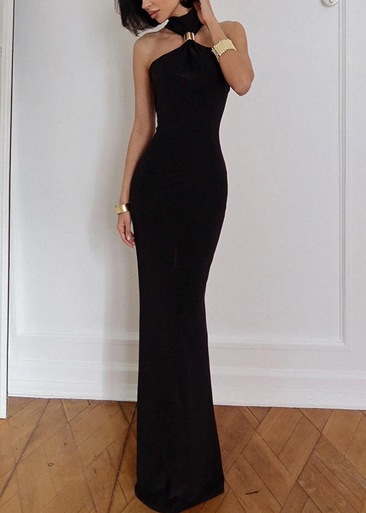 Fit Sleeveless Long Dress Black Cotton Slim Side Turtleneck Open