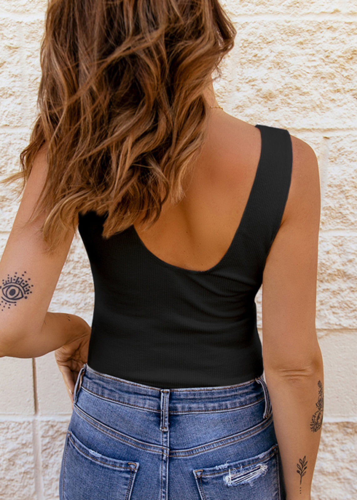 Fit Sleeveless Neck Lace Tank Patchwork V Slim Black