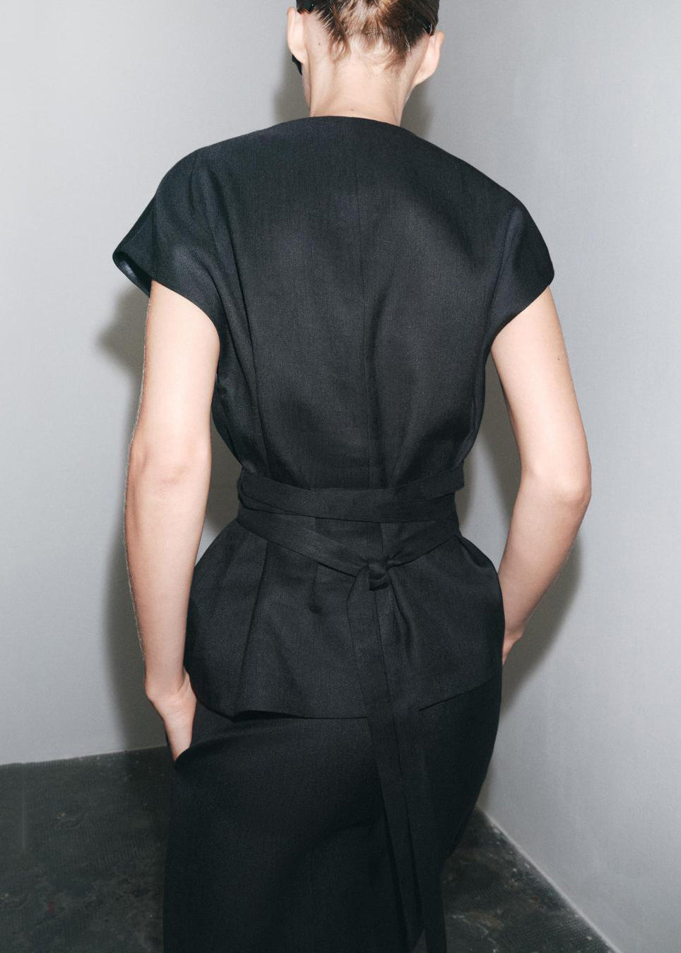 Neck Black V Set Cotton Waist Tie Slim Summer Pieces Two Fit